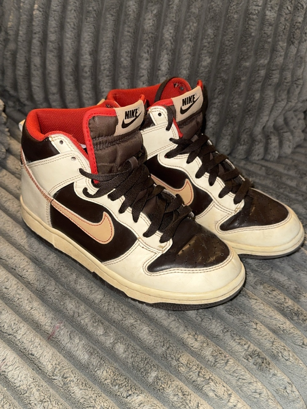 Nike High-Top Sneakers in White, Brown & Red Accents